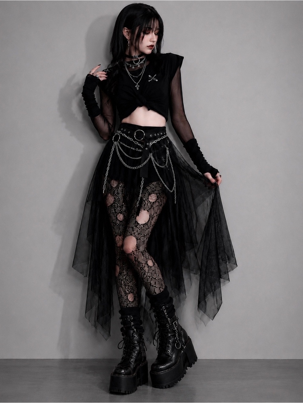 Women's Black Gothic Tulle Low High Skirt